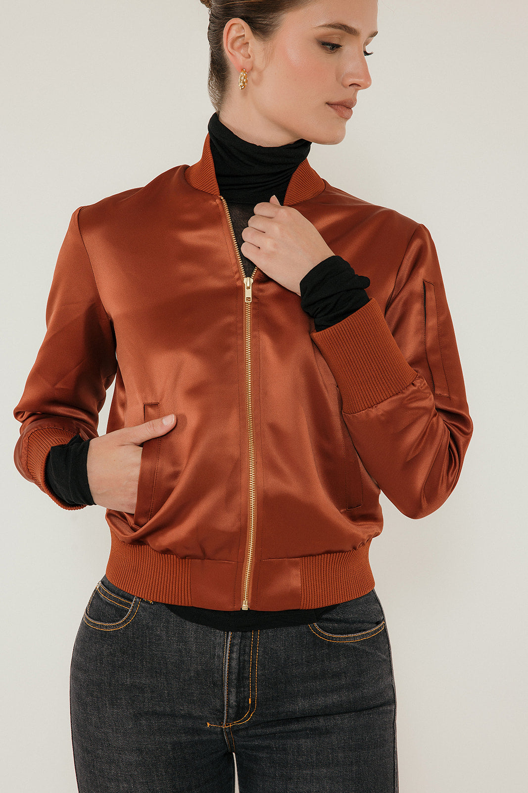 The Amelia Bomber Jacket in Cognac Satin