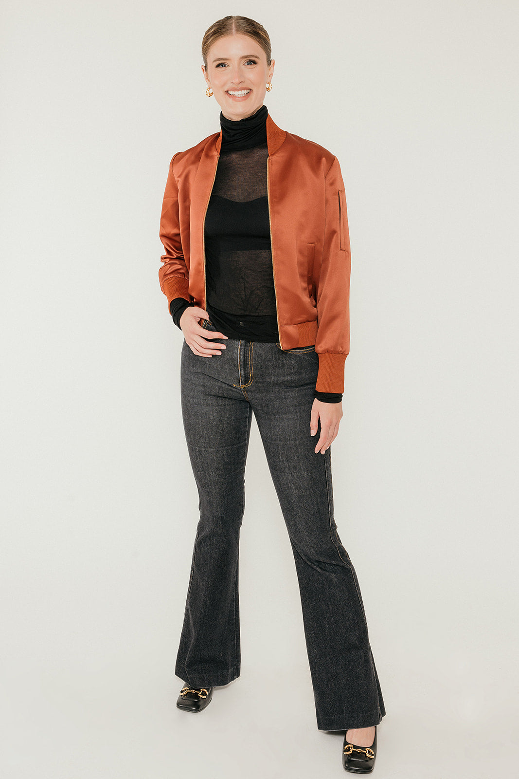 The Amelia Bomber Jacket in Cognac Satin