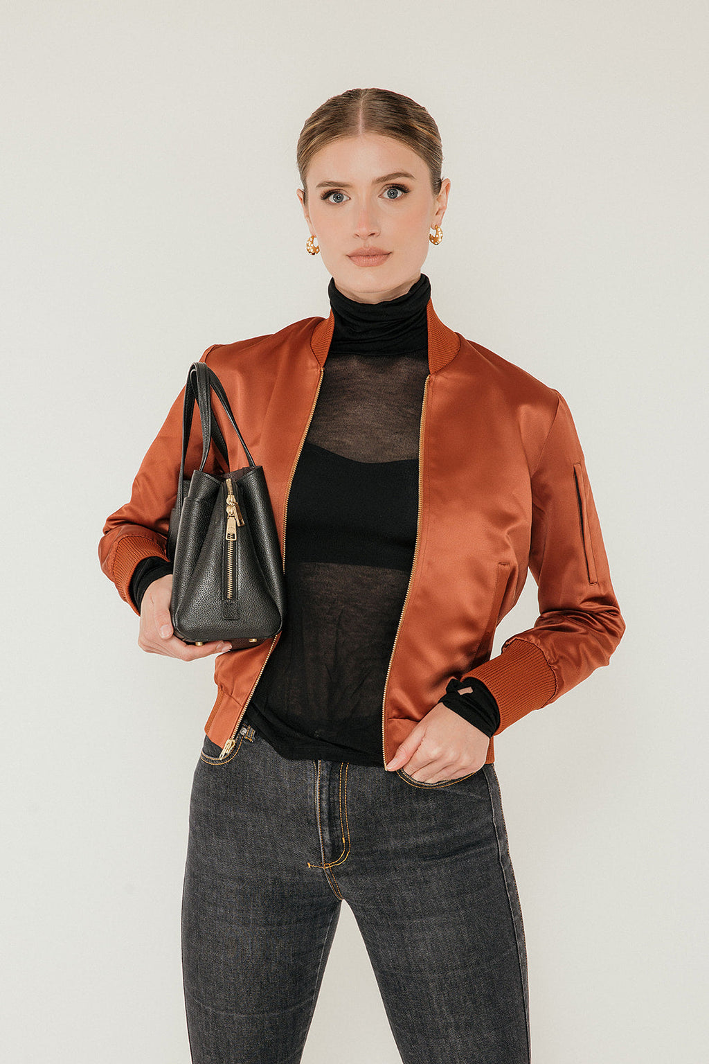 The Amelia Bomber Jacket in Cognac Satin