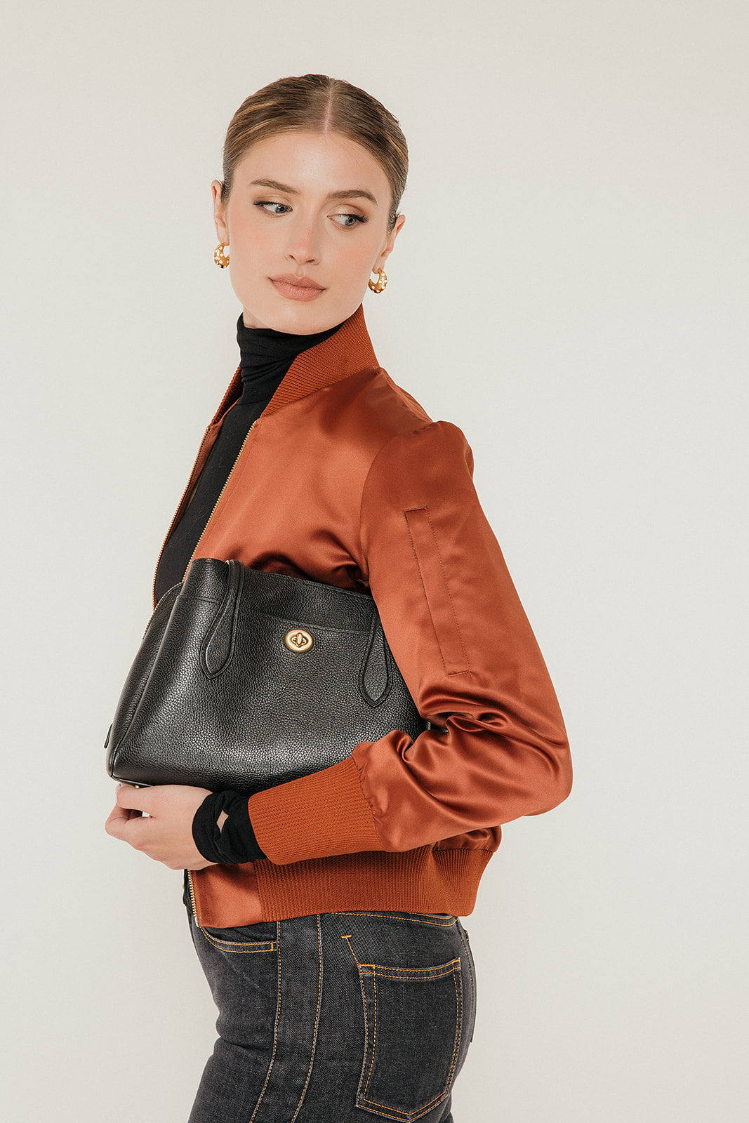 The Amelia Bomber Jacket in Cognac Satin