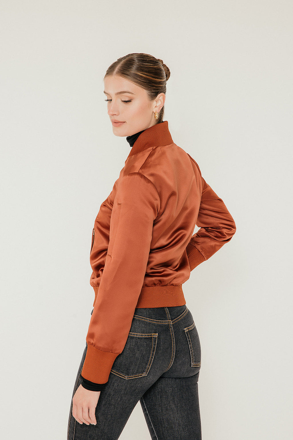 The Amelia Bomber Jacket in Cognac Satin